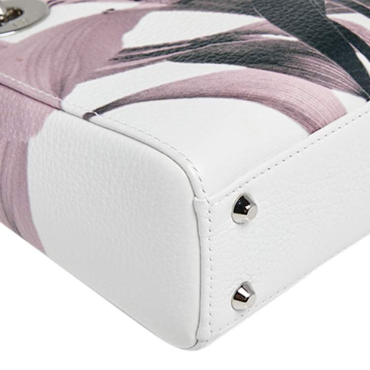Pre Owned Dior White Floral Print Leather Mini Lady Dior Tote