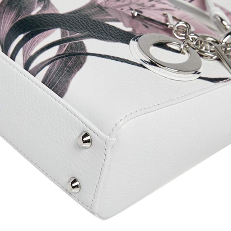 Pre Owned Dior White Floral Print Leather Mini Lady Dior Tote