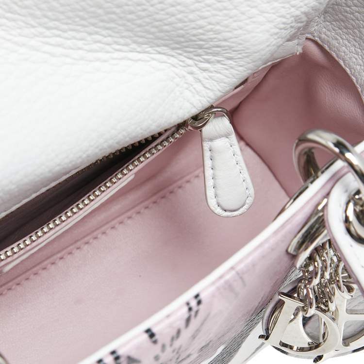 Pre Owned Dior White Floral Print Leather Mini Lady Dior Tote