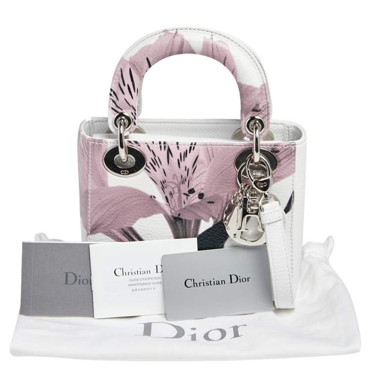Pre Owned Dior White Floral Print Leather Mini Lady Dior Tote