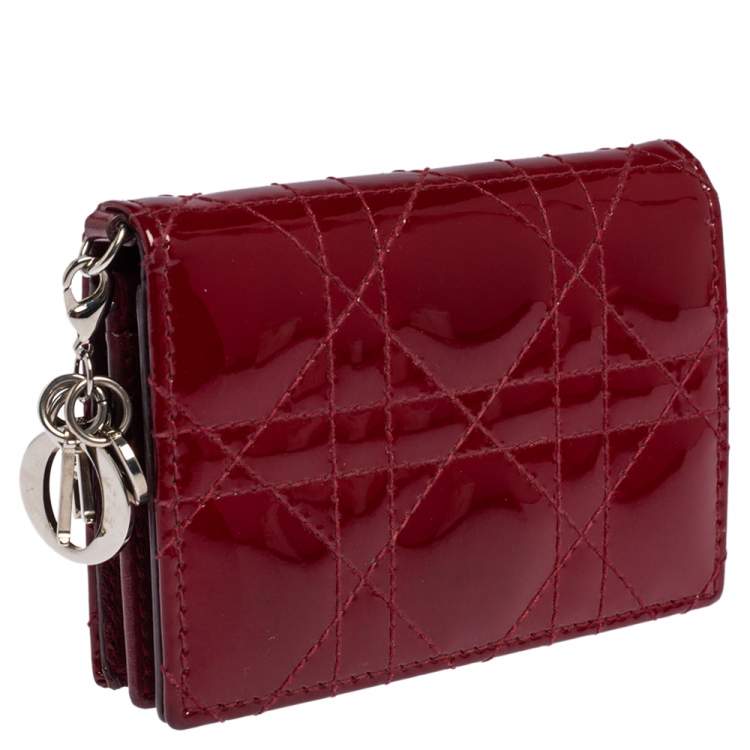 Pre Owned Dior Maroon Cannage Patent Leather Lady Dior Flap Card Holder