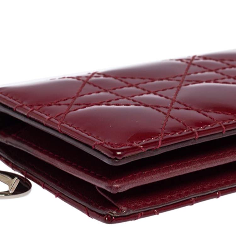 Pre Owned Dior Maroon Cannage Patent Leather Lady Dior Flap Card Holder