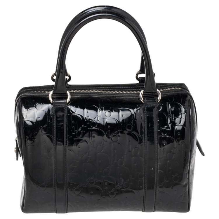 Pre Owned Dior Black Monogram Patent Leather Boston Bag