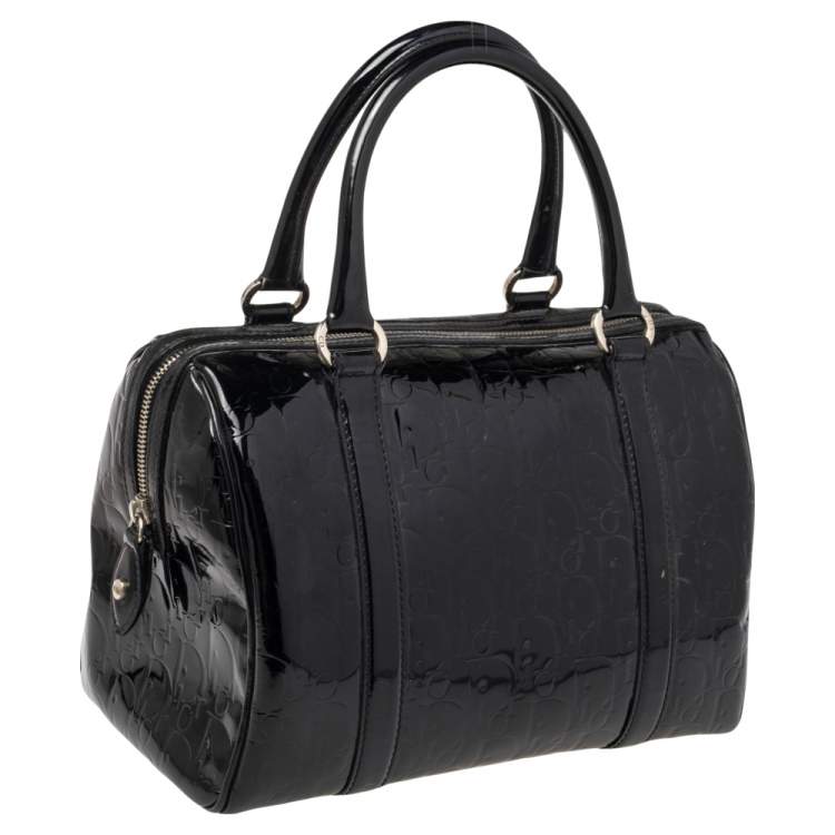 Pre Owned Dior Black Monogram Patent Leather Boston Bag
