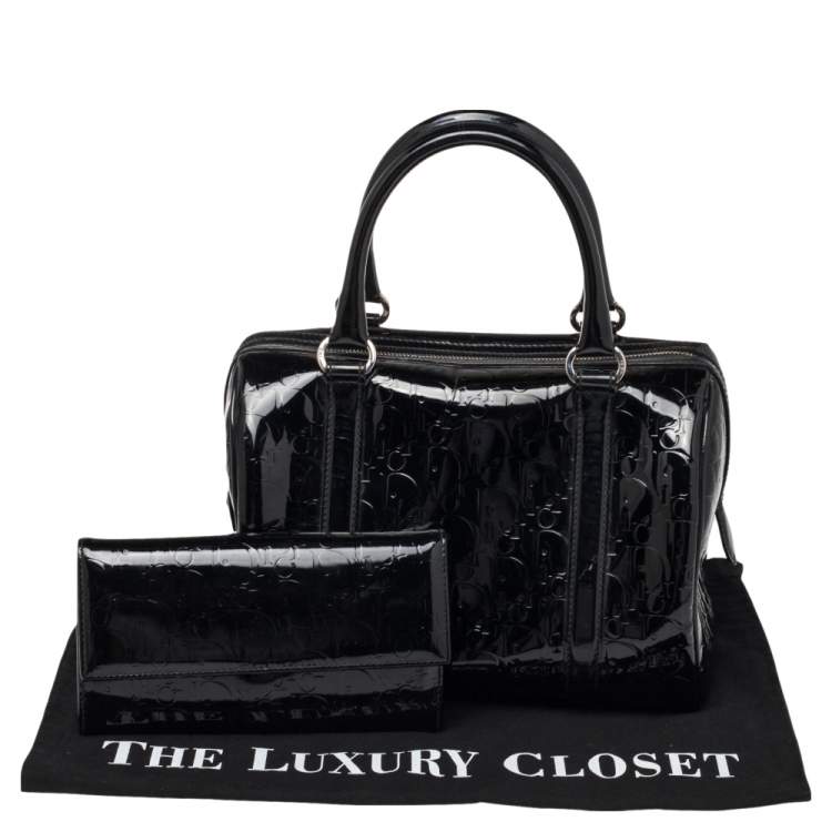 Pre Owned Dior Black Monogram Patent Leather Boston Bag