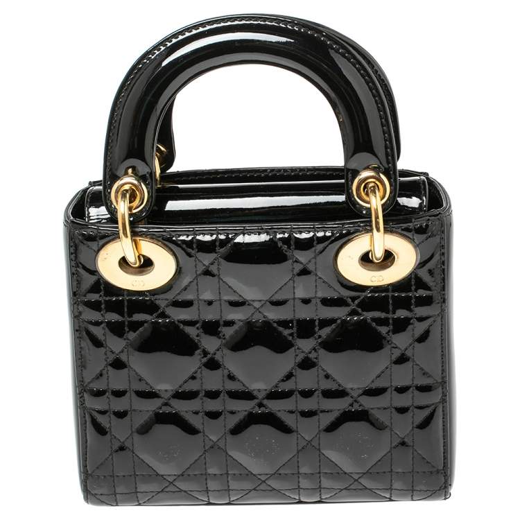 Pre Owned Dior Black Patent Leather Mini Lady Dior Tote