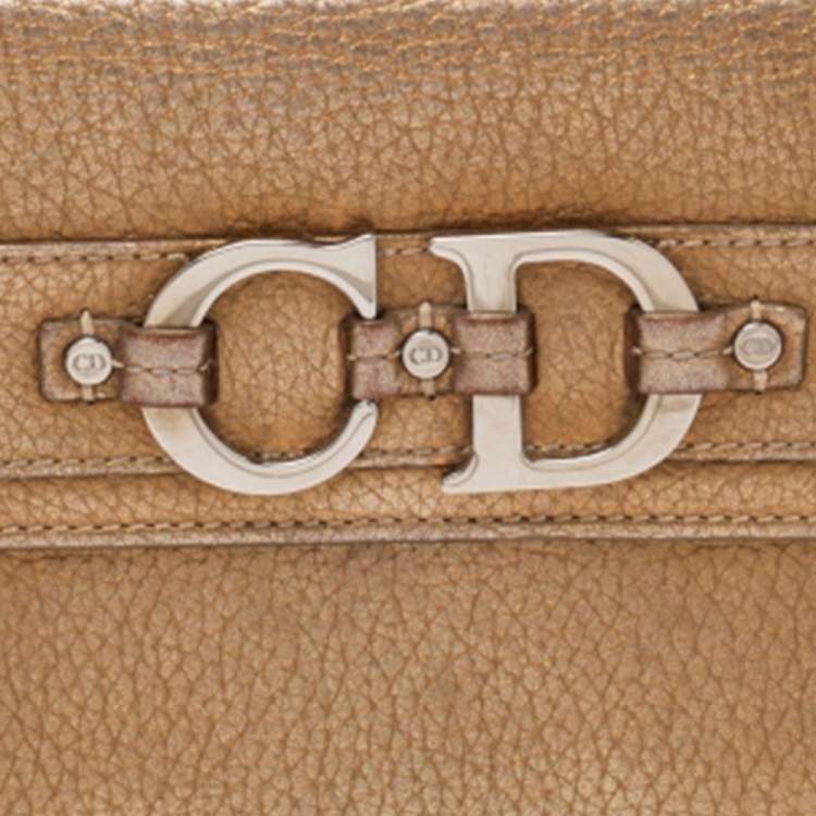 Pre Owned Dior Metallic Gold Grained Leather CD Logo Wristlet Clutch