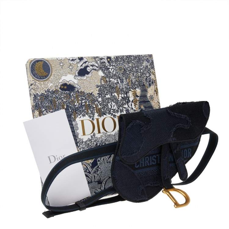 Pre Owned Dior Navy Blue Canvas Camouflage Embroidered Saddle Belt Bag