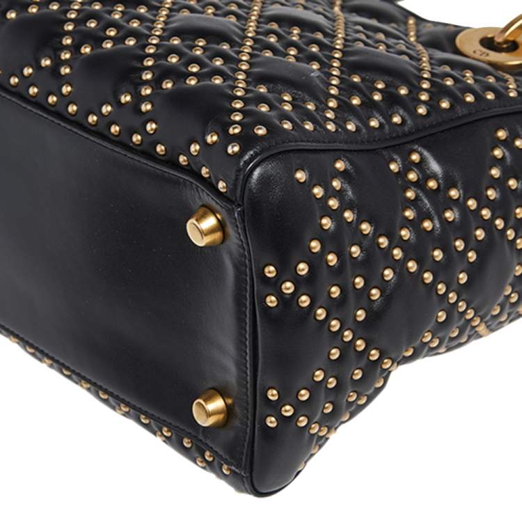 Pre Owned Dior Black Studded Leather Medium Supple Lady Dior Tote