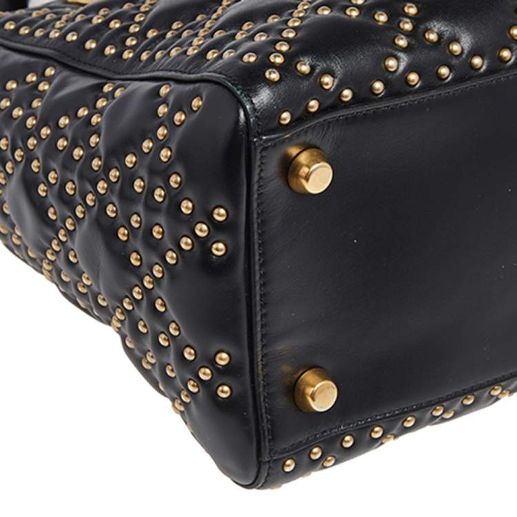 Pre Owned Dior Black Studded Leather Medium Supple Lady Dior Tote