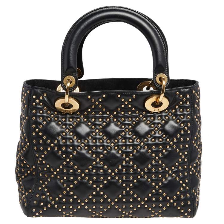 Pre Owned Dior Black Studded Leather Medium Supple Lady Dior Tote