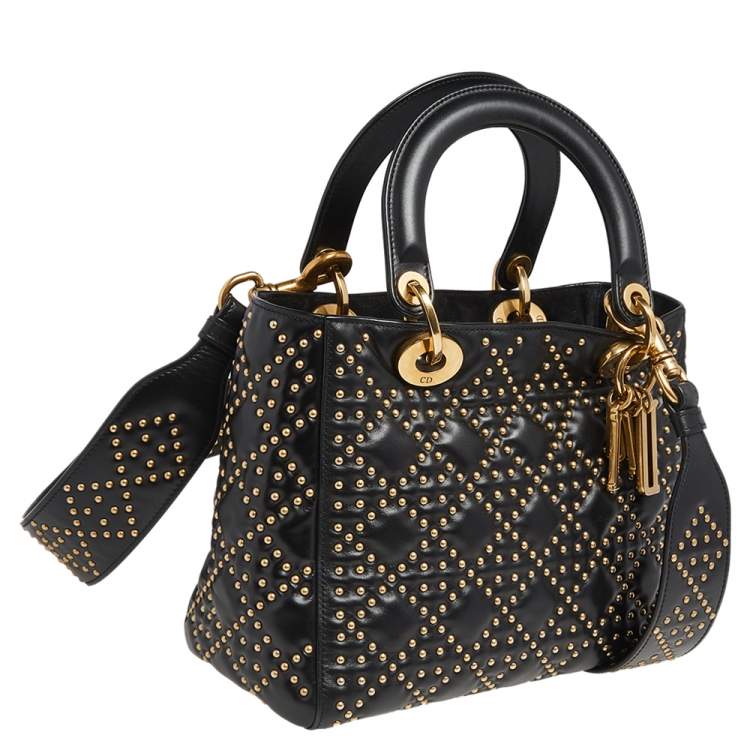 Pre Owned Dior Black Studded Leather Medium Supple Lady Dior Tote