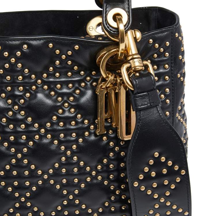 Pre Owned Dior Black Studded Leather Medium Supple Lady Dior Tote