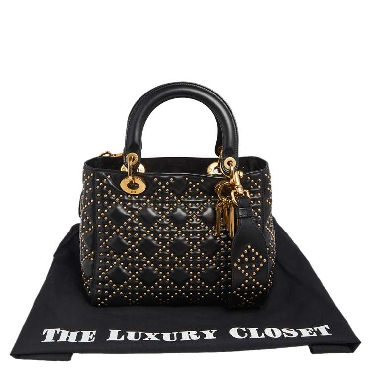 Pre Owned Dior Black Studded Leather Medium Supple Lady Dior Tote