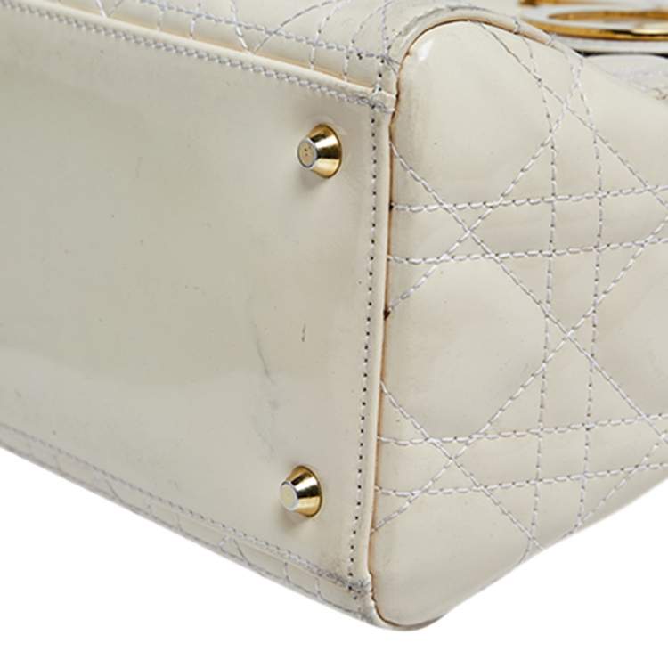 Pre Owned Dior Cream Cannage Patent Leather Medium Lady Dior Tote