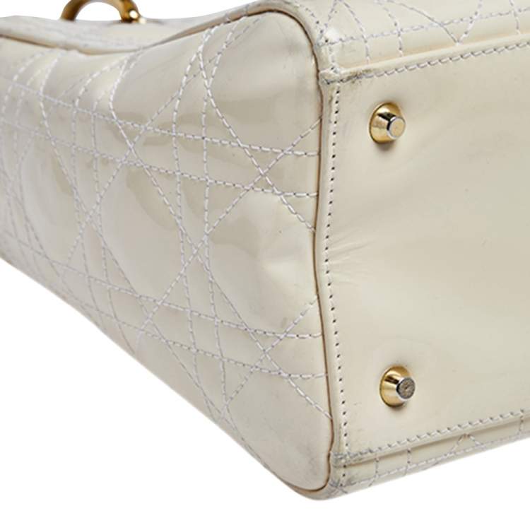 Pre Owned Dior Cream Cannage Patent Leather Medium Lady Dior Tote