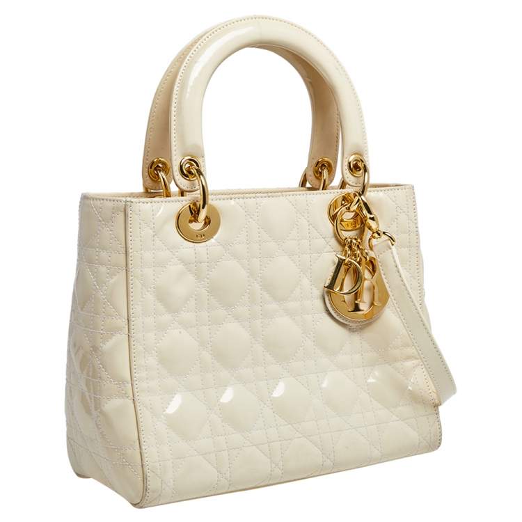 Pre Owned Dior Cream Cannage Patent Leather Medium Lady Dior Tote