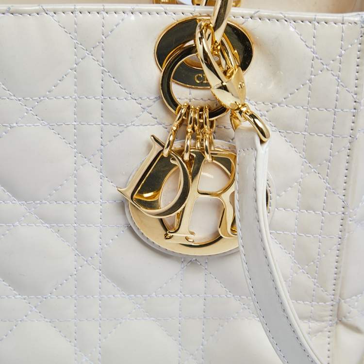 Pre Owned Dior Cream Cannage Patent Leather Medium Lady Dior Tote