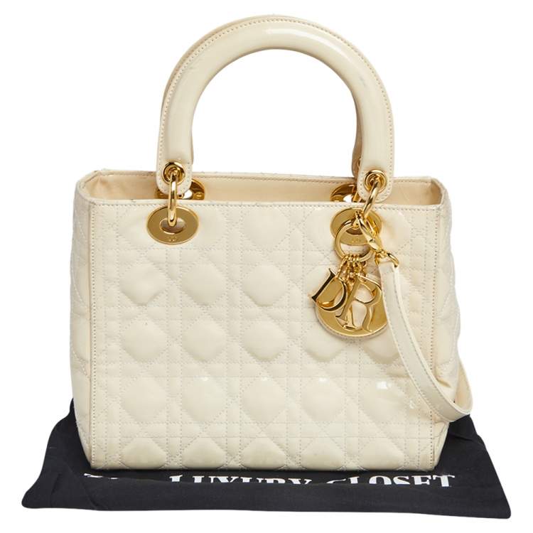 Pre Owned Dior Cream Cannage Patent Leather Medium Lady Dior Tote
