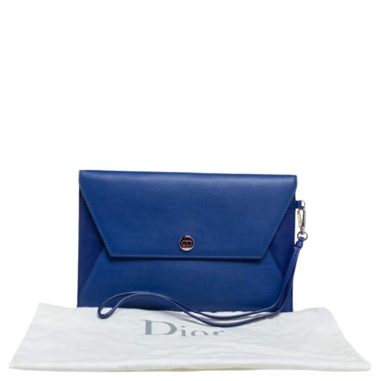 Pre Owned Dior Two Tone Blue Leather Wristlet Pouch