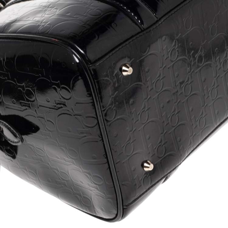 Pre Owned Dior Black Oblique Monogram Patent Leather Boston Bag