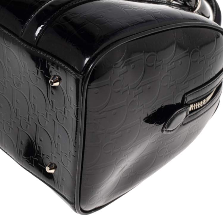 Pre Owned Dior Black Oblique Monogram Patent Leather Boston Bag
