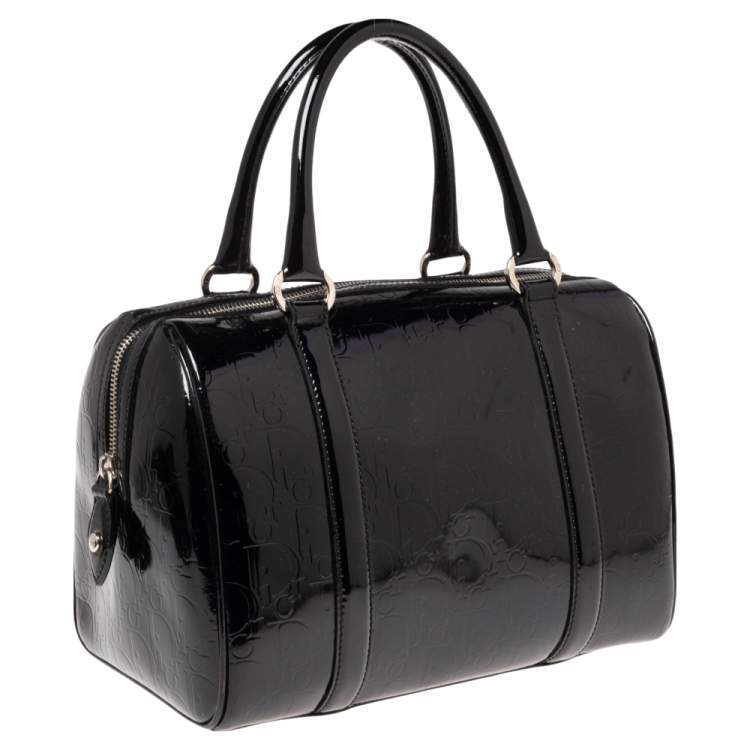 Pre Owned Dior Black Oblique Monogram Patent Leather Boston Bag