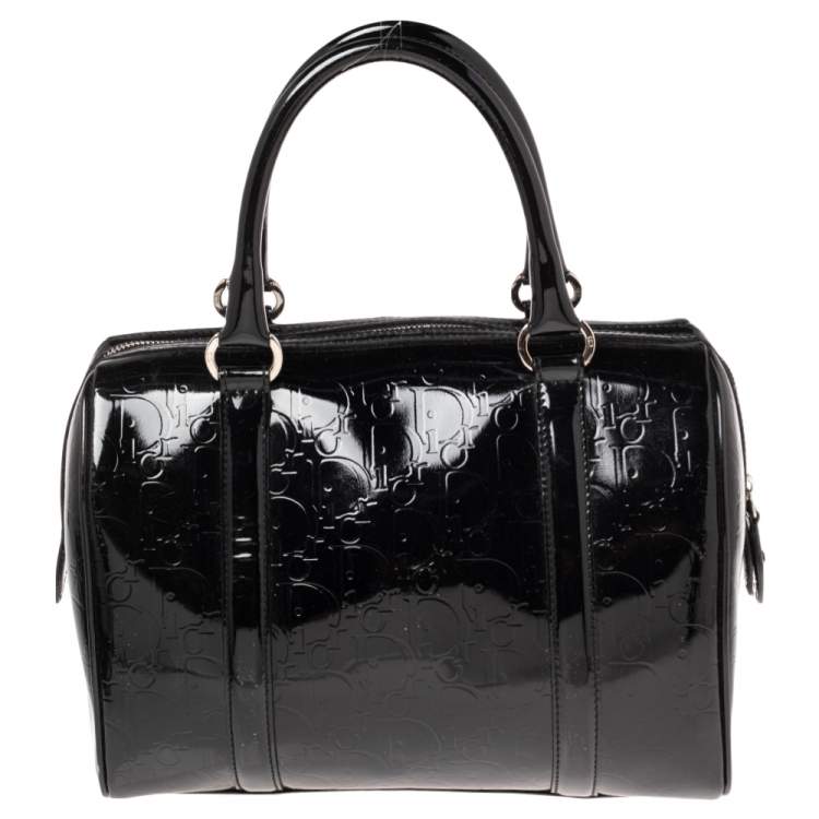 Pre Owned Dior Black Oblique Monogram Patent Leather Boston Bag