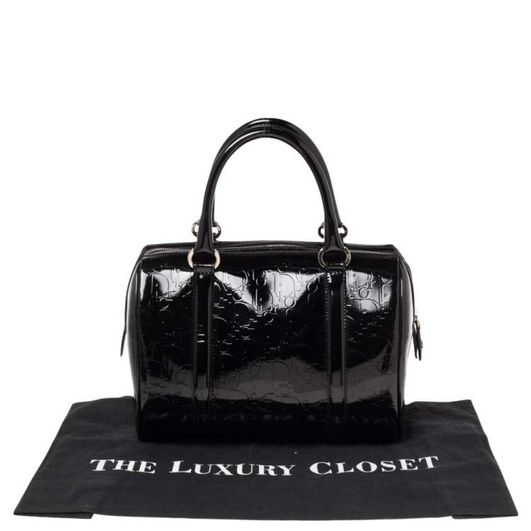 Pre Owned Dior Black Oblique Monogram Patent Leather Boston Bag