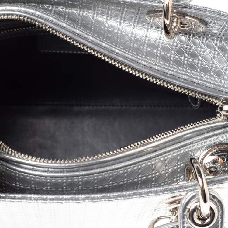 Pre Owned Dior Metallic Silver Micro Cannage Patent Leather Lady Dior Tote 