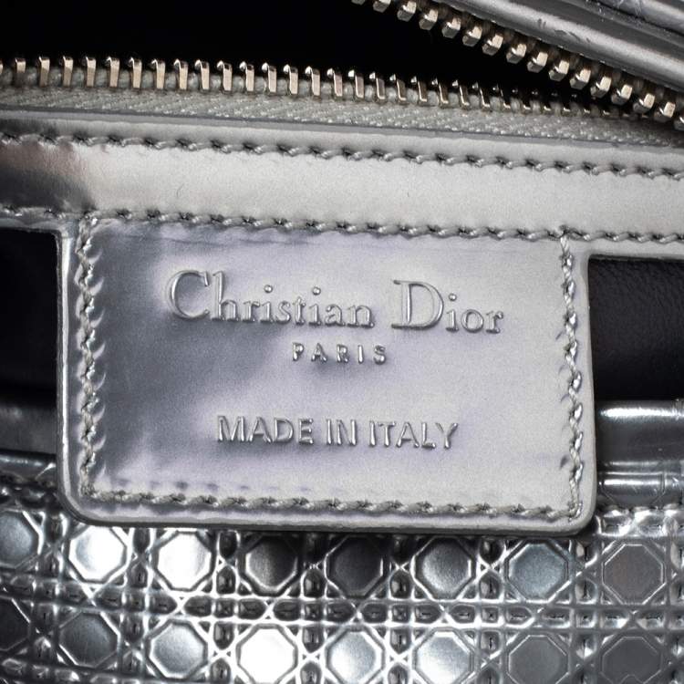 Pre Owned Dior Metallic Silver Micro Cannage Patent Leather Lady Dior Tote 