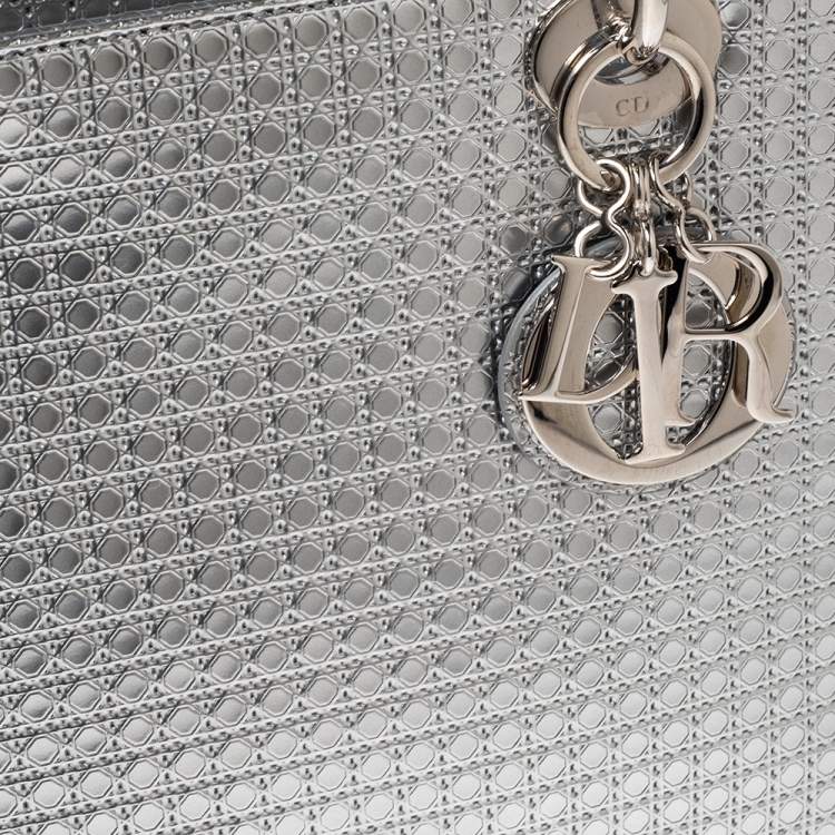 Pre Owned Dior Metallic Silver Micro Cannage Patent Leather Lady Dior Tote 