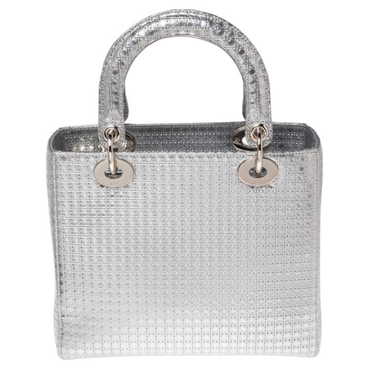 Pre Owned Dior Metallic Silver Micro Cannage Patent Leather Lady Dior Tote 