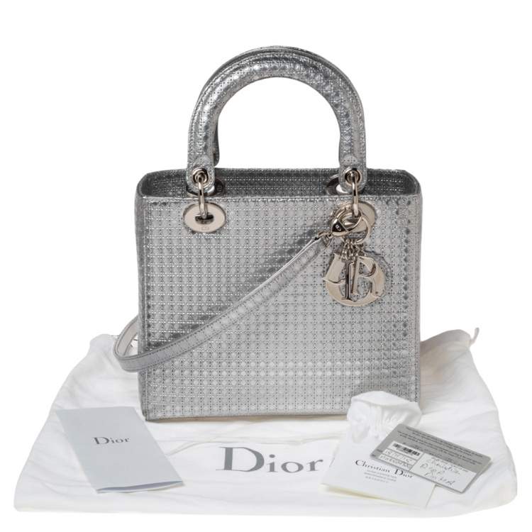 Pre Owned Dior Metallic Silver Micro Cannage Patent Leather Lady Dior Tote 