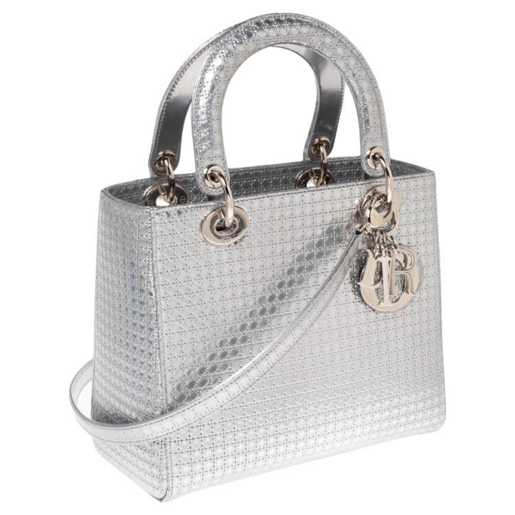 Pre Owned Dior Metallic Silver Micro Cannage Patent Leather Lady Dior Tote 