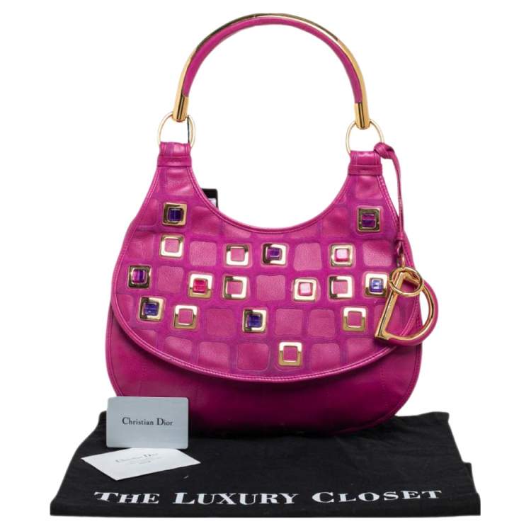 Pre Owned Dior Pink Leather 61 Bejeweled Hobo 