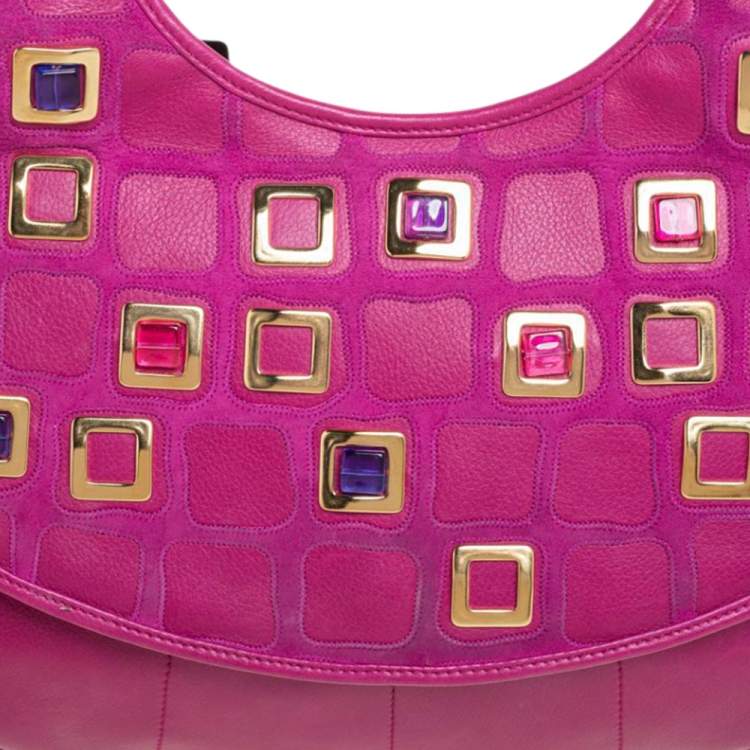 Pre Owned Dior Pink Leather 61 Bejeweled Hobo 