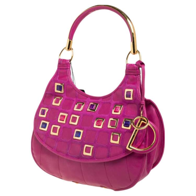 Pre Owned Dior Pink Leather 61 Bejeweled Hobo 