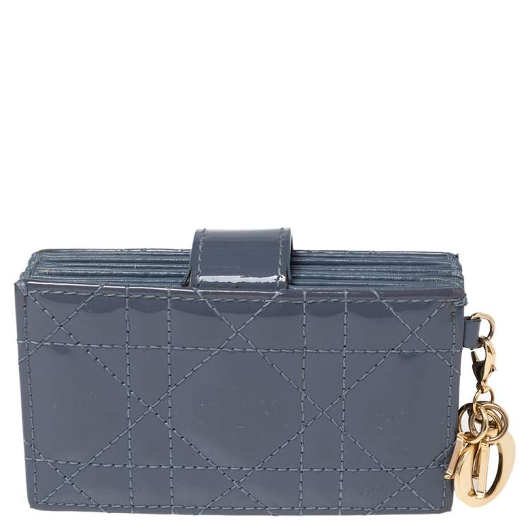 Pre Owned Dior Ash Grey Cannage Patent Leather Lady Dior 5 Gusset Card Holder