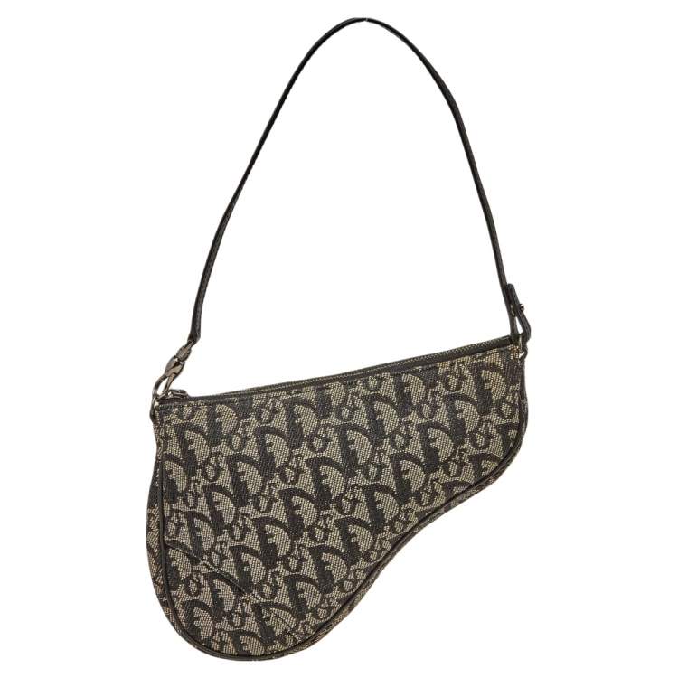 Pre Owned Dior Black/Beige Oblique Jacquard Saddle Pouch