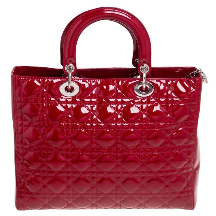 Pre Owned Dior Red Cannage Patent Leather Large Lady Dior Tote