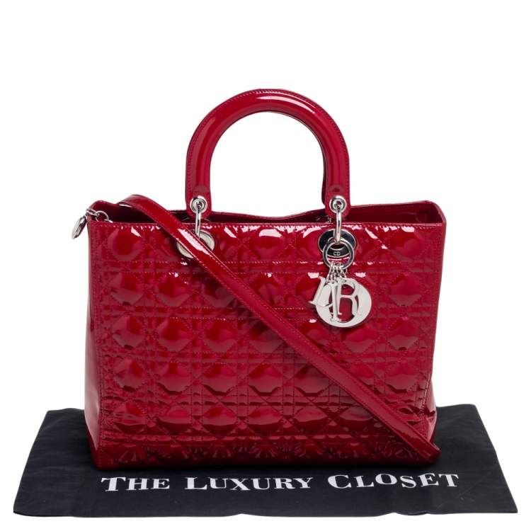 Pre Owned Dior Red Cannage Patent Leather Large Lady Dior Tote