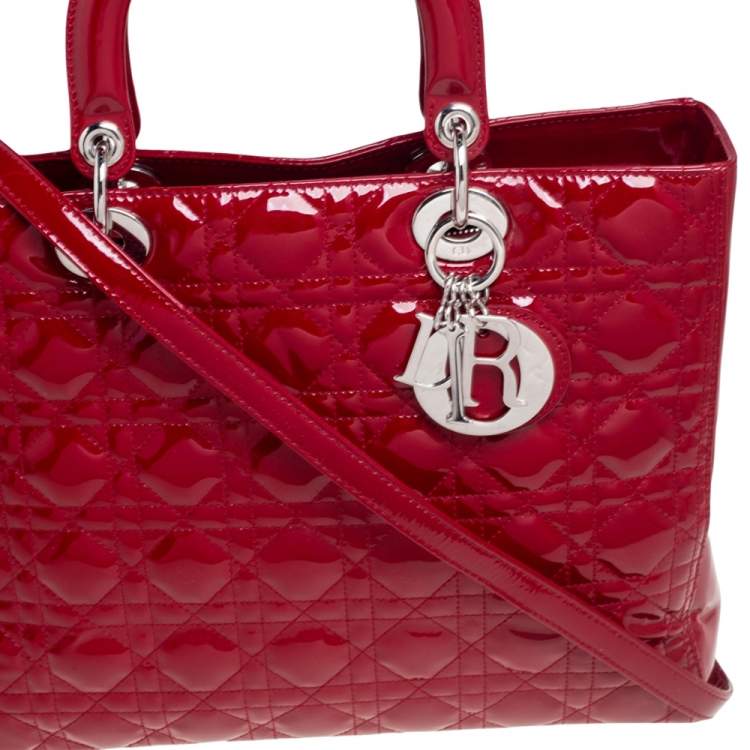 Pre Owned Dior Red Cannage Patent Leather Large Lady Dior Tote