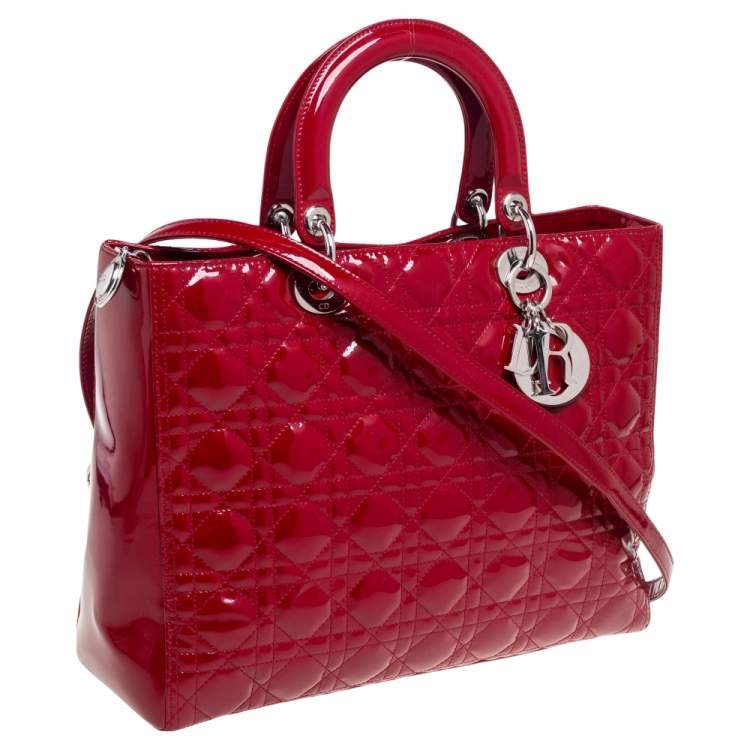 Pre Owned Dior Red Cannage Patent Leather Large Lady Dior Tote