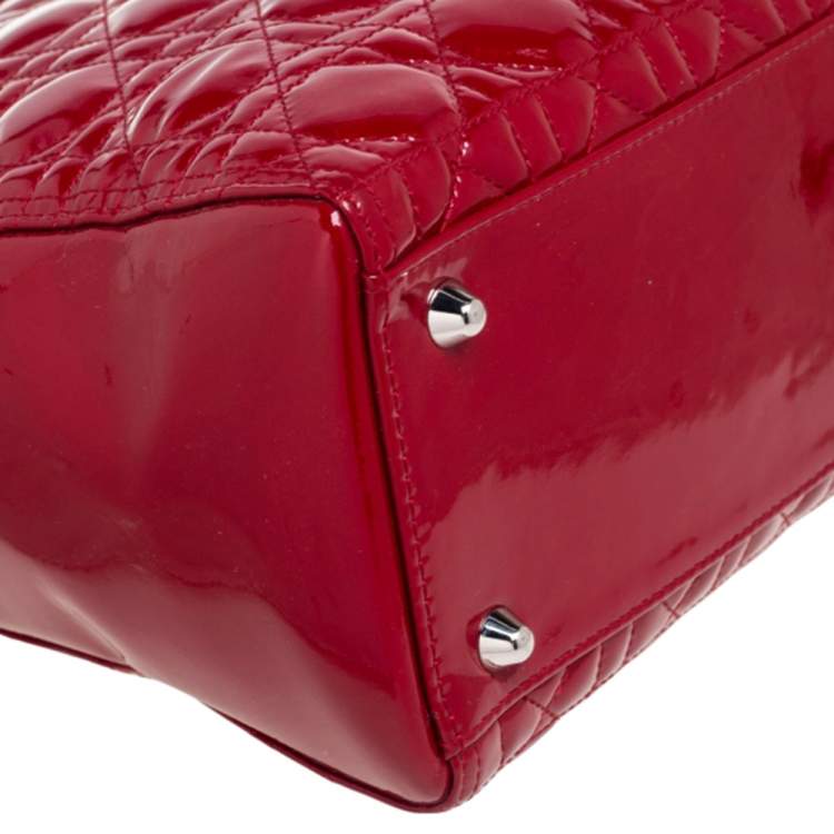 Pre Owned Dior Red Cannage Patent Leather Large Lady Dior Tote