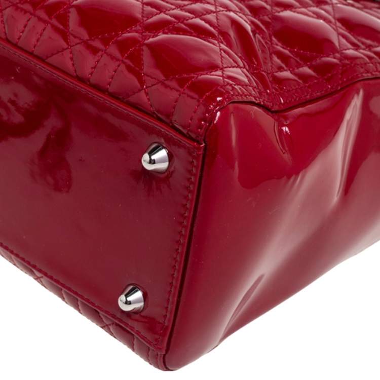 Pre Owned Dior Red Cannage Patent Leather Large Lady Dior Tote