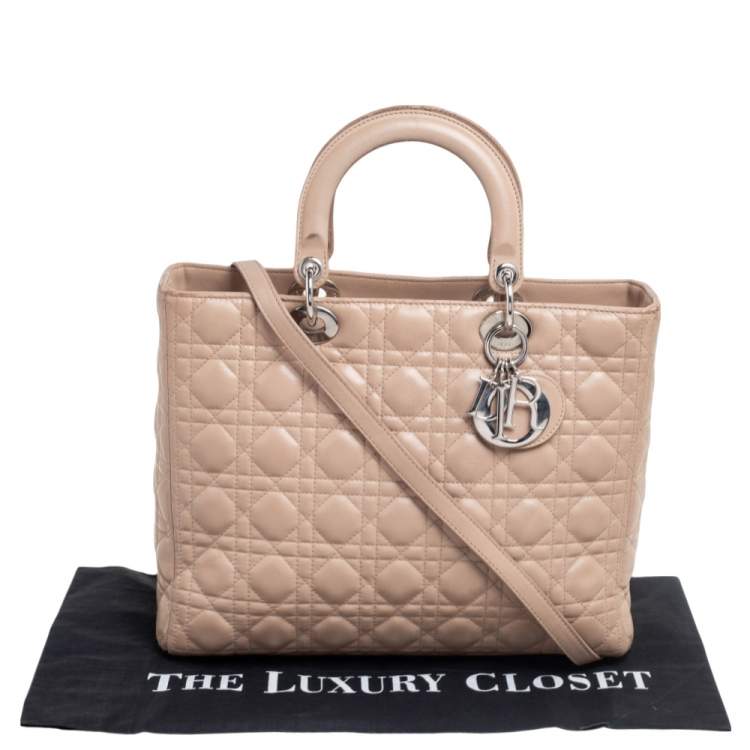 Pre Owned Dior Beige Cannage Quilted Leather Large Lady Dior Tote
