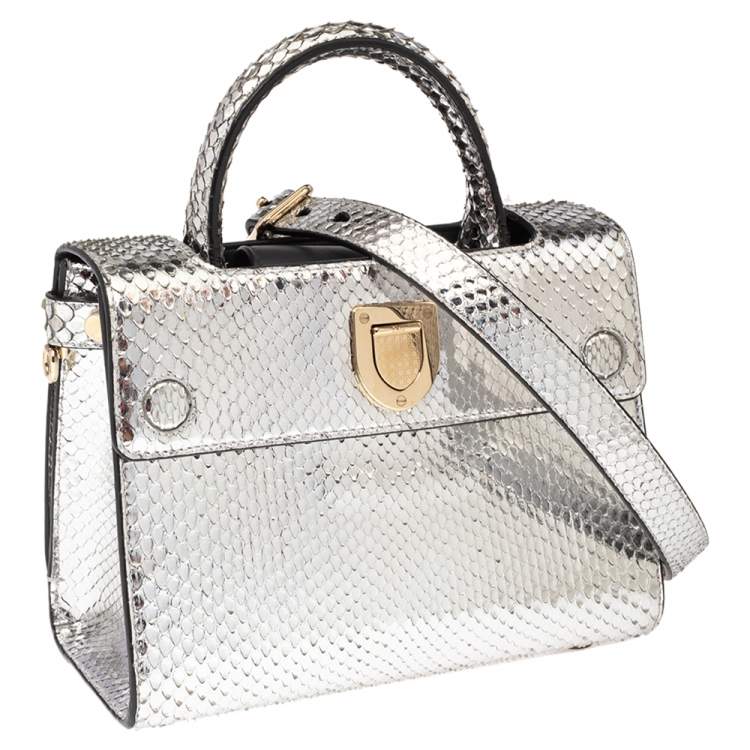 Pre Owned Dior Metallic Silver Python Mini Diorever Tote