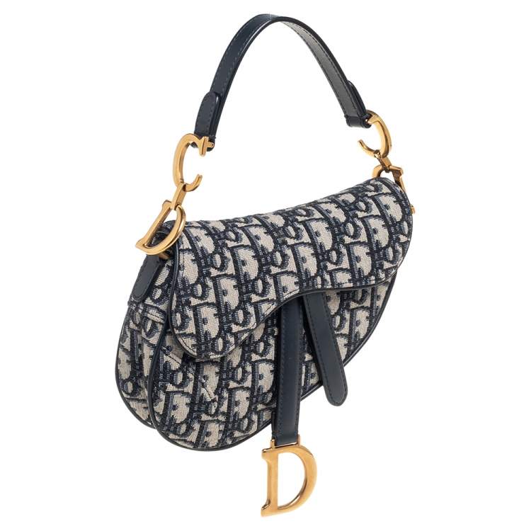 Pre Owned Dior Blue Oblique Canvas and Leather Mini Saddle Bag