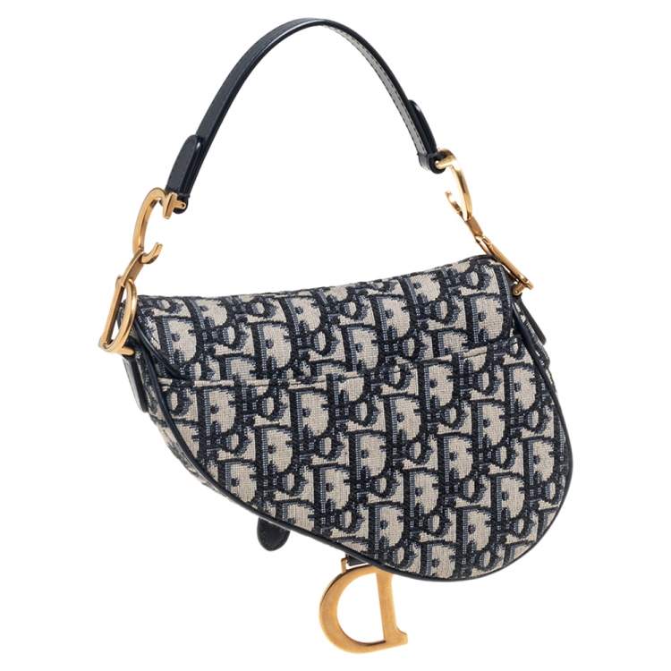 Pre Owned Dior Blue Oblique Canvas and Leather Mini Saddle Bag
